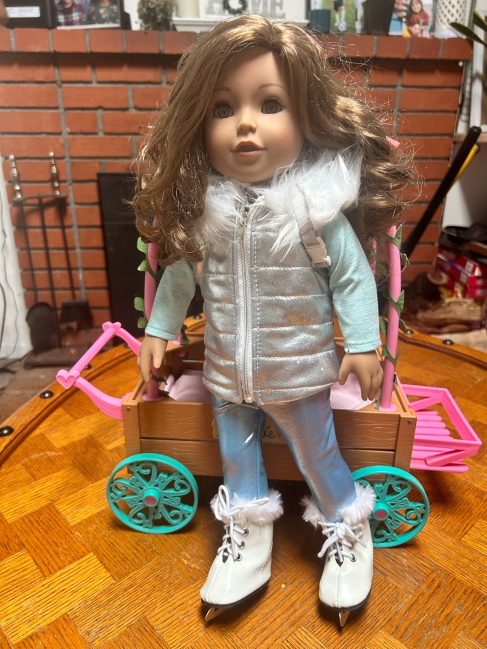 Silver Puffy Vest Doll Outfit with Light Blue Top and White Ice Skate Boots